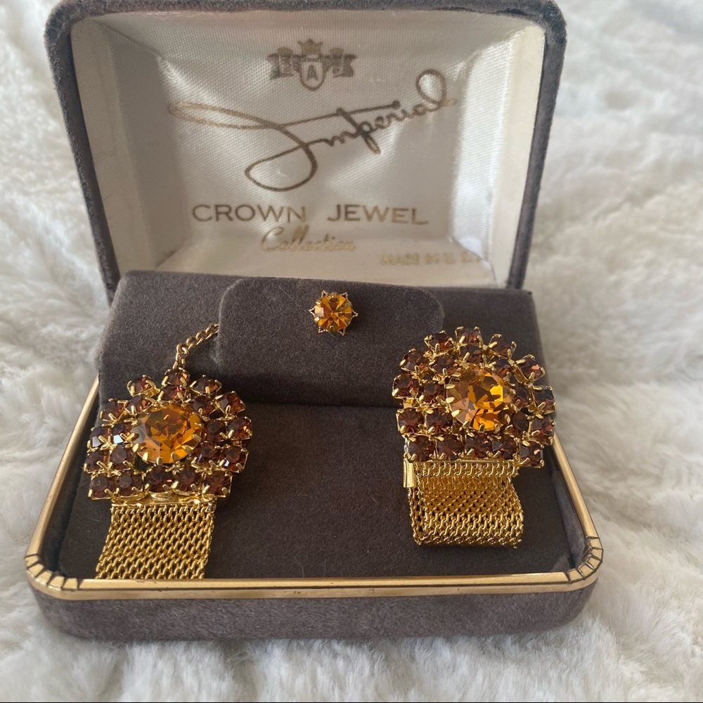 Imperial Crown Jewel Vintage Rhinestone Cuff Links & Tie Tac